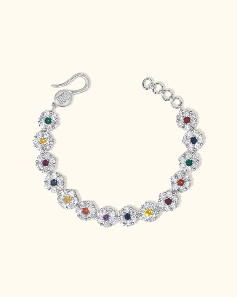 
HALO TENNIS bracelet with white CZ stones and finished with a vibrant centre CZ stone, rhodium plating – handcrafted men's designer jewellery by Wrong Era.