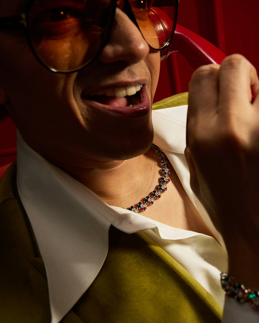 Close-up of Model wearing HALO MULTI TENNIS Chain - By Wrong Era