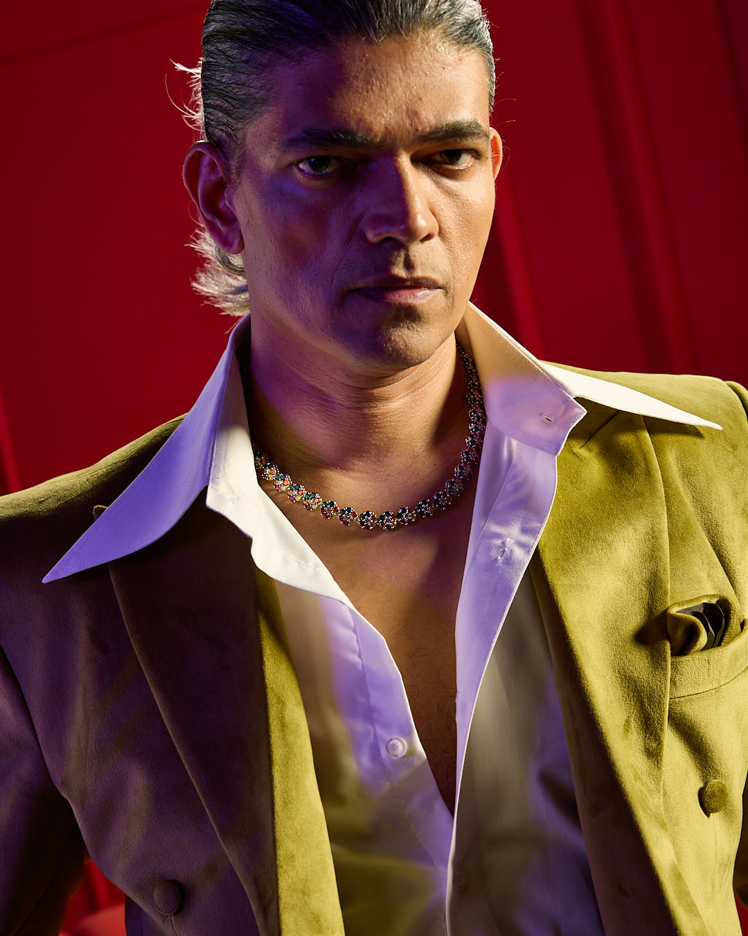 Model wearing HALO MULTI TENNIS Chain styled for for bold luxury look - by Wrong Era