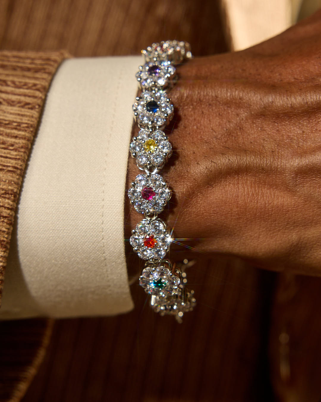 Close-up of model wearing HALO TENNIS  Bracelet - by Wrong era