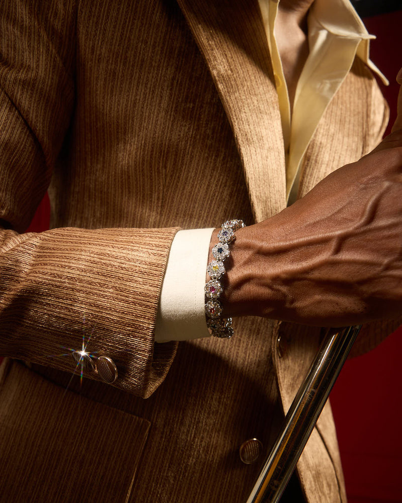 Model wearing HALO TENNIS Bracelet styled for bold luxury look - by Wrong Era