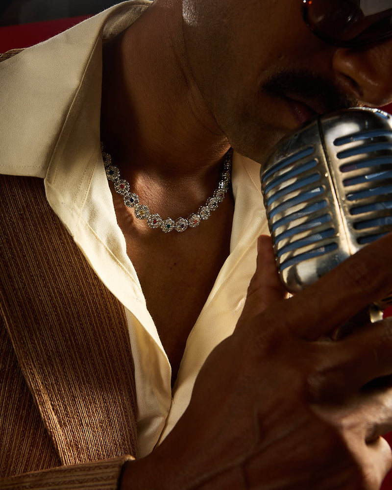 Close-up of model wearing HALO TENNIS Chain - by Wrong Era